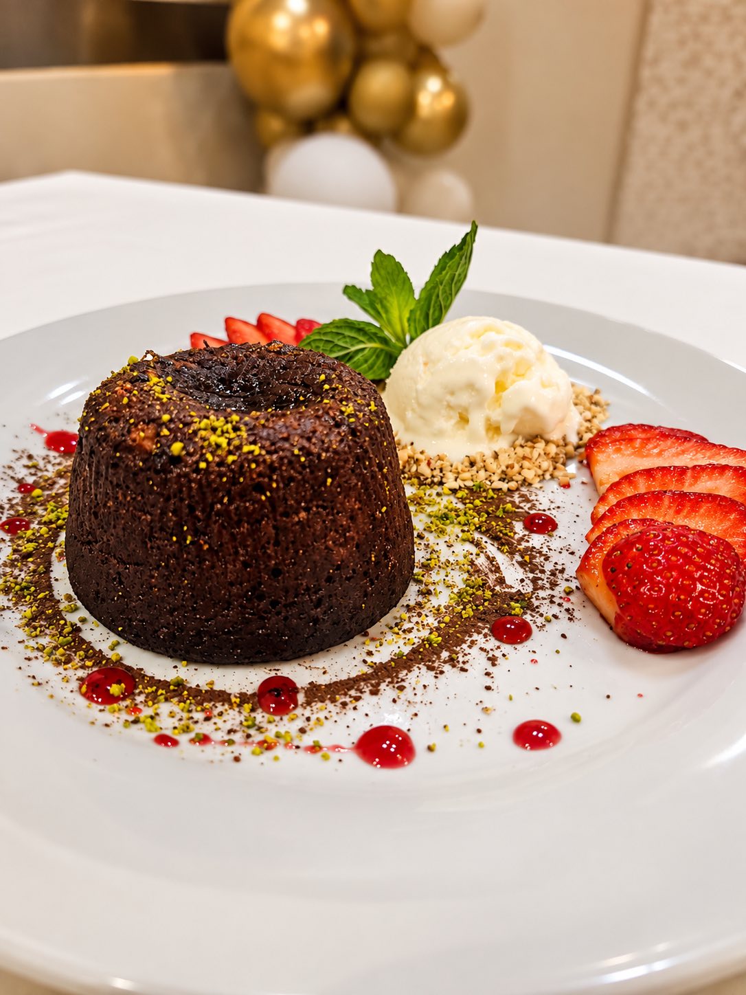 Chocolate soufflé with ice cream and strawberries